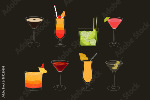 Set of summer cocktails with decor elements in color flat style. Black background vector illustration