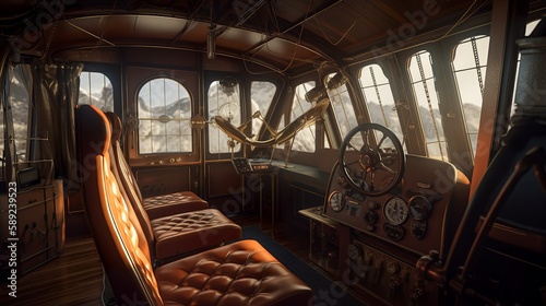 Victorian steampunk airship living room interior design generative ai