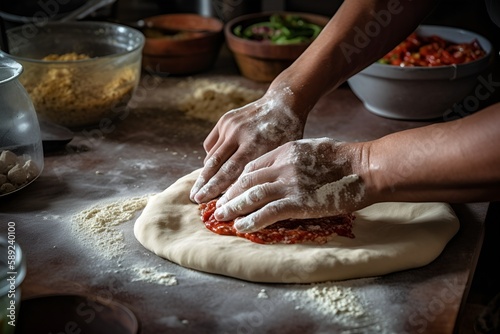 A man prepares pizza dough with his flour-covered hands. Generative Art.