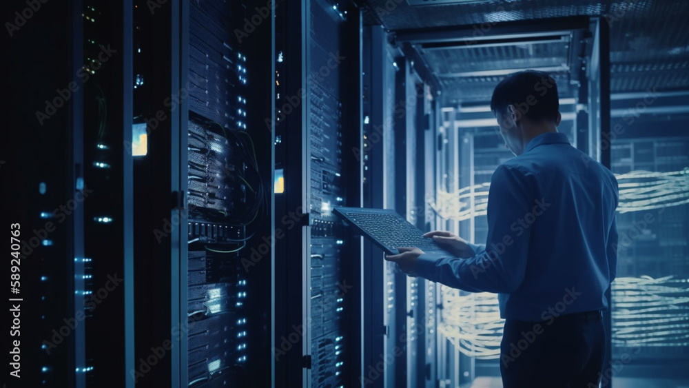 Fototapeta premium Person in a data server center, a global data network created by generative ai