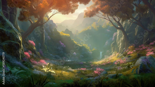 Ethereal landscape with forest and sun