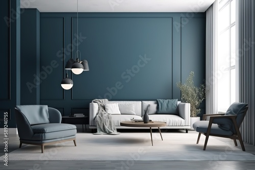 bright living room interior with royal blue couch   White minimalist living room interior with sofa   Modern luxury living room   Modern mid century interior of living room, Generative AI © Azar