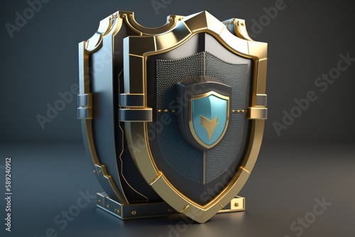 3d illustration of golden shield on dark background. Security concept