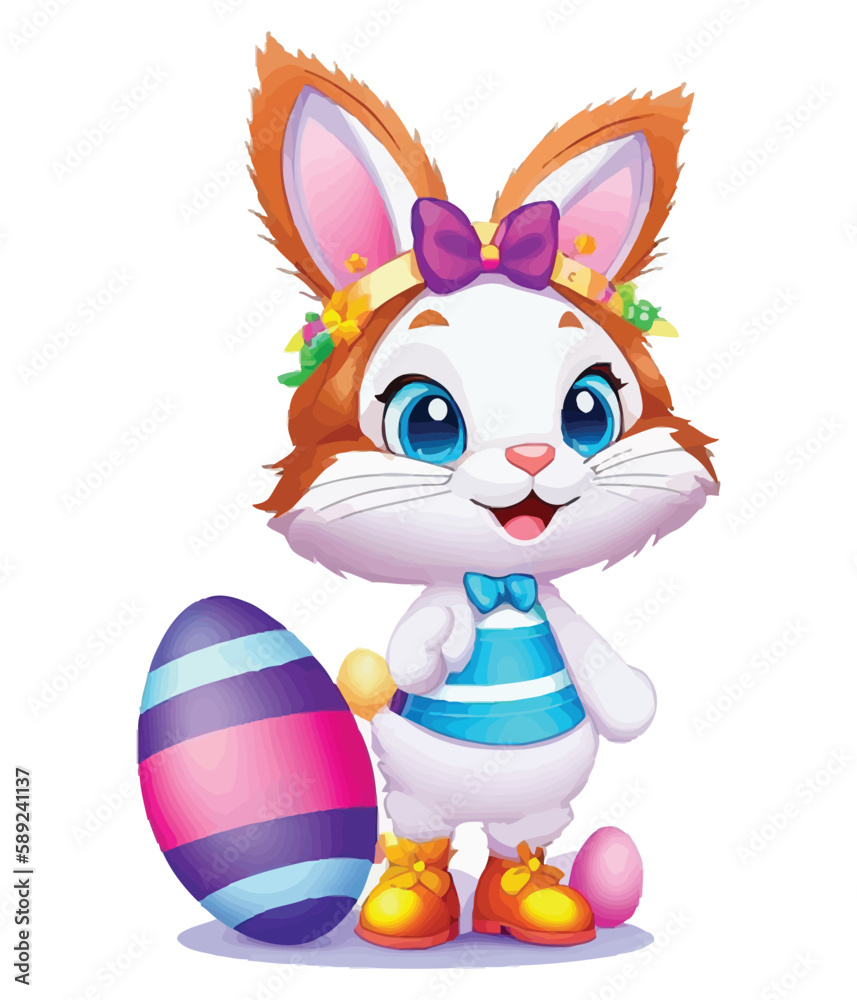 Cute white rabbits in various poses with white backgrounds. colorful Easter eggs vector illustration for kids and adults. Happy Spring holiday Cute white rabbits in various poses with white backgrounds. colorful Easter eggs vector illustration for kids and adults. Happy Spring holiday