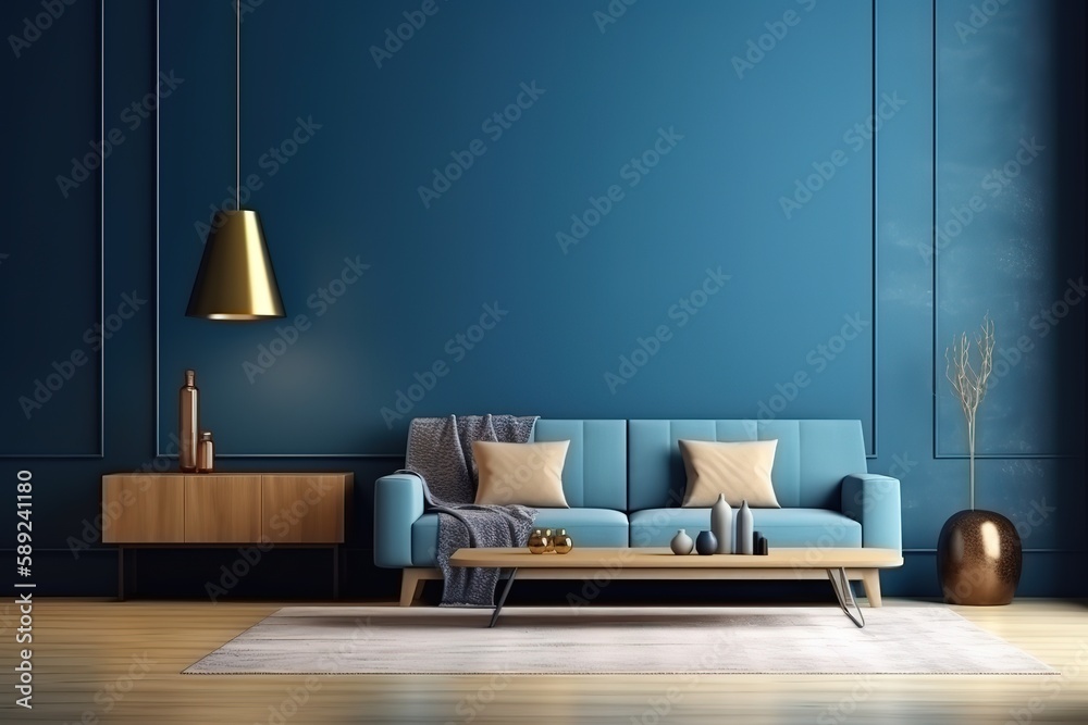 Mock up wall in steel blue modern interior background, living room ...