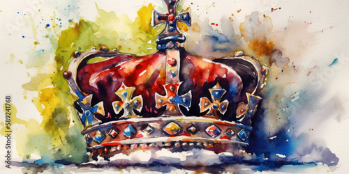 British Crown of Jewels on United Kingom flag watercolor painting photo