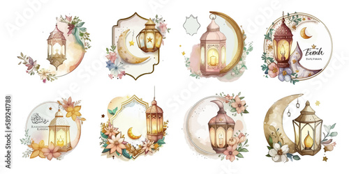 BIG SET STICKER DECORATION ELEMENT FOR EID UL FITR VINTAGE LANTERN HANGING ON CRESCENT WITH FLOWER LEAVE DECORATION FRAME