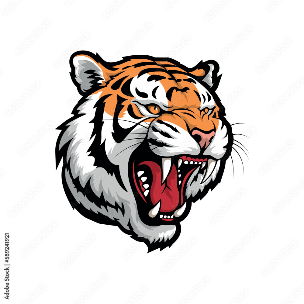 Isolated vector illustration of the head of a growling angry tiger