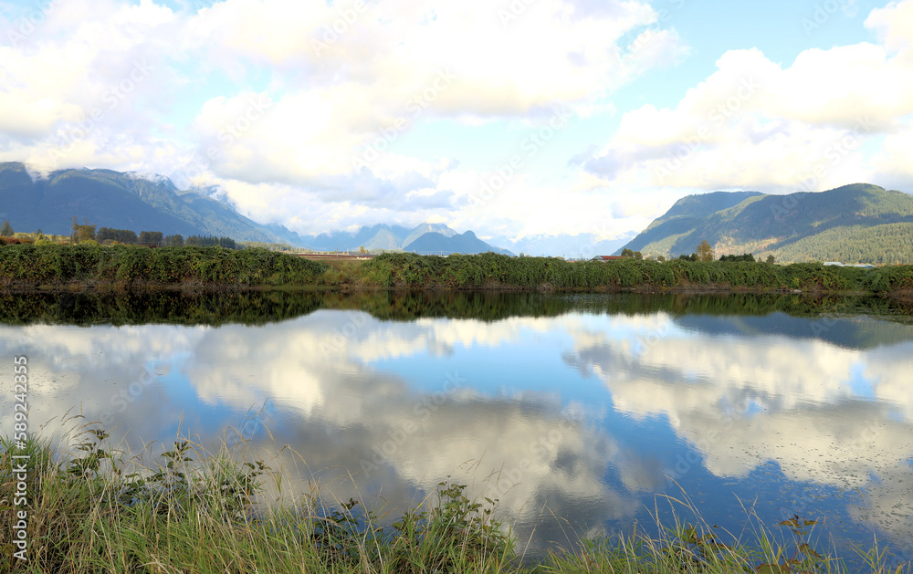 Country scenery with clouds reflected in the water Country scenery with clouds reflected in the water