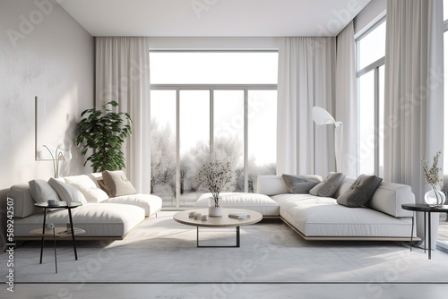 White minimalist living room interior with sofa on a wooden floor, decor on a large wall, white landscape in window. Home Nordic interior   Scandinavian interior poster mock up,Generative AI © Azar