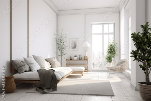 White minimalist living room interior with sofa on a wooden floor, decor on a large wall, white landscape in window. Home Nordic interior   Scandinavian interior poster mock up,Generative AI © Azar