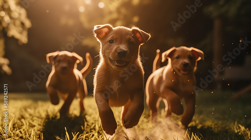 Sunlit Romp. Puppies' Meadow Adventure, created with Generative Al technology.