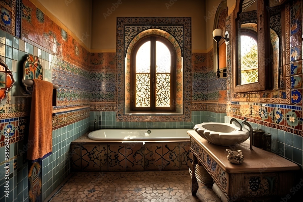 Obraz premium Designing a bathrom modern and sleek aesthetic,tiles,water, spa rary and artistic feel, Chosing the right lighting for bathrom , generative artificial intelligence