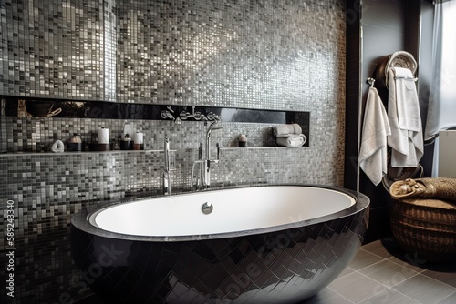 Designing a bathrom modern and sleek aesthetic,tiles,water, spa rary and artistic feel, Chosing the right lighting for bathrom , generative artificial intelligence