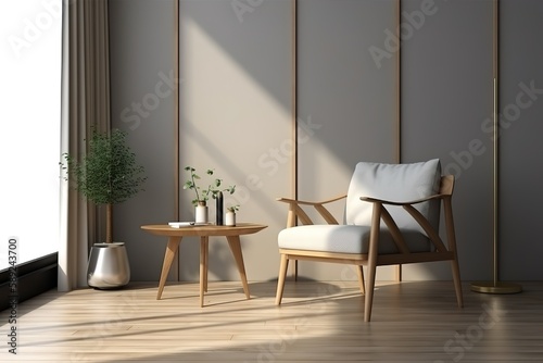 Interior with wooden cabinet and armchair 3d rendering   Interior with armchair and coffee table 3d rendering   Interior with armchair and coffee table 3d rendering  Generative AI