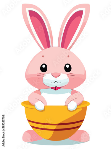 Cute white rabbits in various poses with white backgrounds. colorful Easter eggs vector illustration for kids and adults. Happy Spring holiday