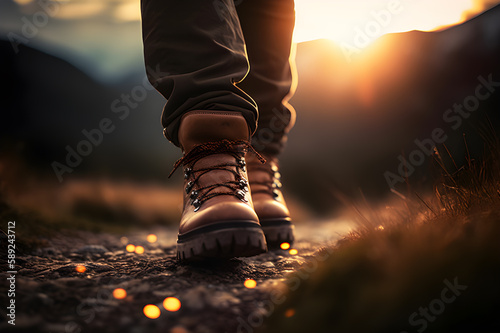 Close-up of Man's Leather Boots Walking Uphill in Morning Light with Bokeh Effect. Generative AI