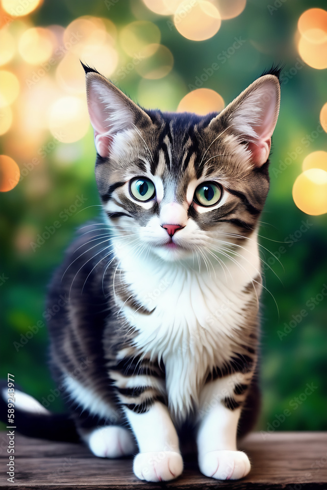 Portrait of a adorable cat, funny and cute face closeup, isolated on beautiful bokeh background, created with generative ai