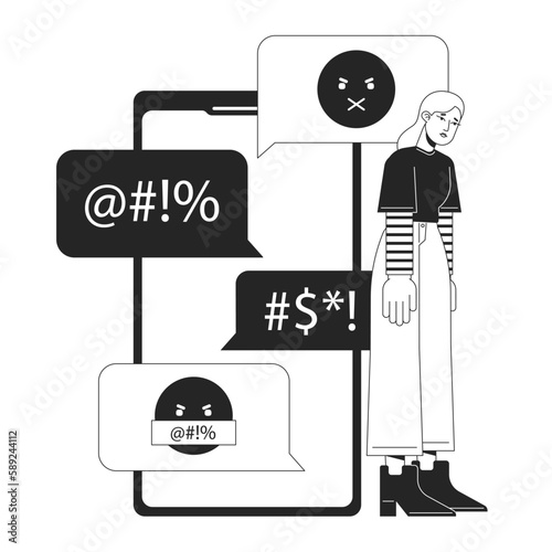 Cyberbullying victim black and white concept vector spot illustration. Editable 2D flat monochrome cartoon character for web design. Social media harassment line art idea for website, mobile, blog