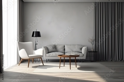 Interior with wooden cabinet and armchair 3d rendering   Interior with armchair and coffee table 3d rendering   Interior with armchair and coffee table 3d rendering  Generative AI