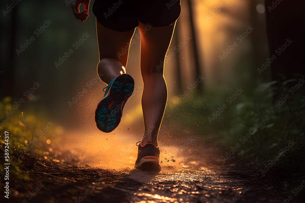 Morning Trail Run: Close-up of Female Runner's Legs and Shoes with Abstract Bokeh Lightcreated. Generative AI