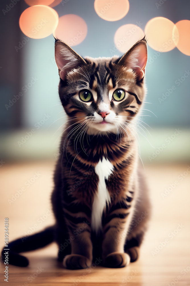 Portrait of a adorable cat, funny and cute face closeup, isolated on beautiful bokeh background, created with generative ai