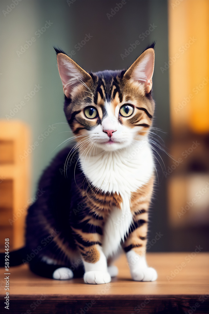 Portrait of a adorable cat, funny and cute face closeup, isolated on beautiful bokeh background, created with generative ai