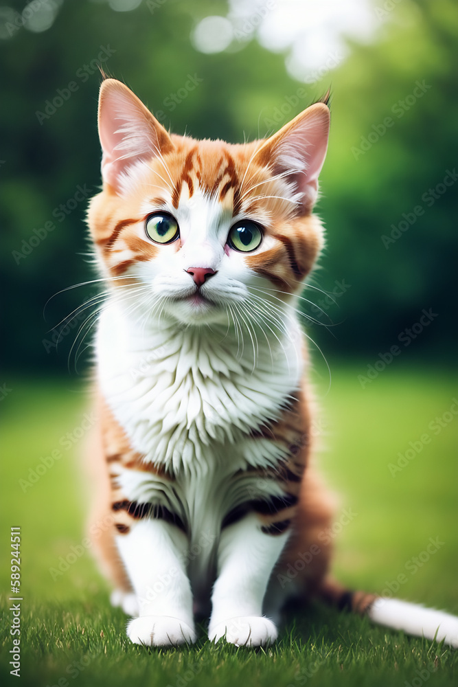 Obraz premium Portrait of a adorable cat, funny and cute face closeup, isolated on beautiful bokeh background, created with generative ai