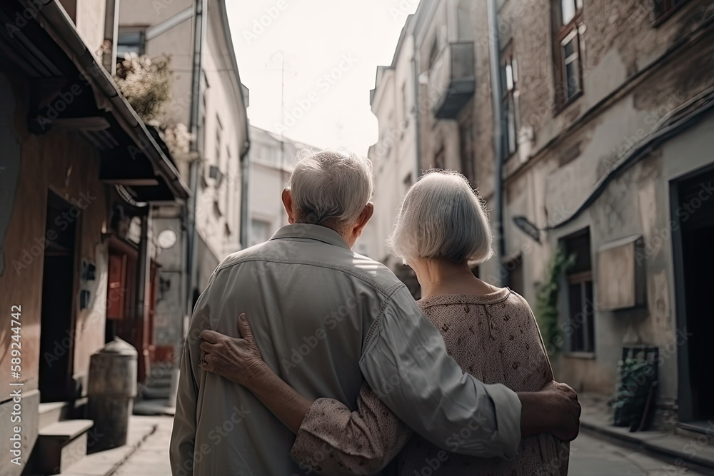 Back view of an elderly couple at city street. Elderly man and woman are walking together, having romantic relationship. Happy old age. Created with Generative AI