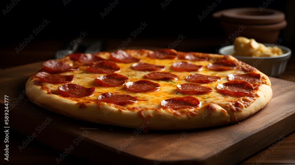 Pepperoni Pizza on Wooden Tray: A Classic and Fragrant Delight. Generative AI Pepperoni Pizza on Wooden Tray: A Classic and Fragrant Delight. Generative AI