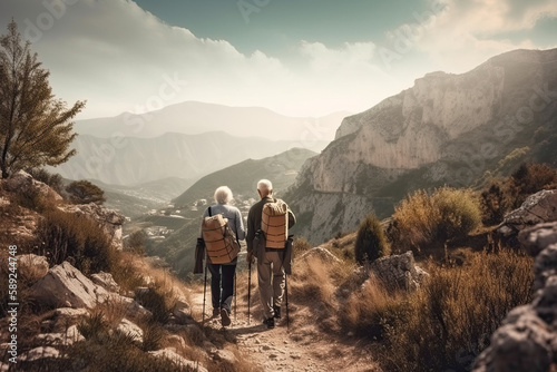 Senior couple hiking in mountains. Elderly tourists with bikepacks travelling outdoor. Active lifestyle in old age. Created with Generative AI