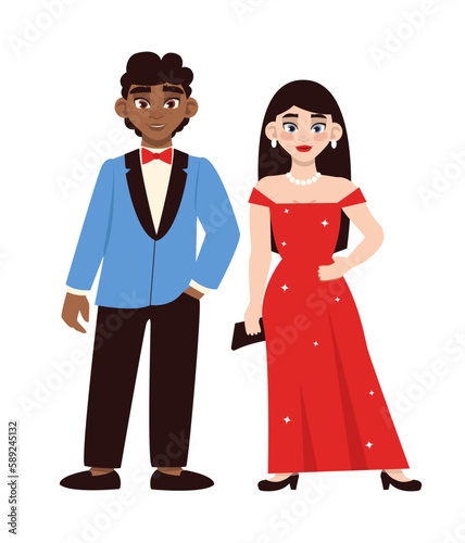 Guy and girl are graduates. Couple at a graduation party in beautiful elegant clothes. Vector graphic.