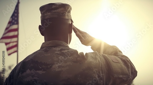 AI generated photo of an American soldier saluting the flag of the United States of America. photo