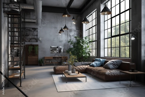 High ceiling loft living room 3d render. There are white brick wall,polished concrete floor and black steel structure,There are large windows look out to see the nature ,Generative AI © Azar