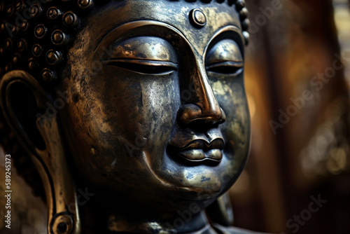 Spiritual Buddha metal statue meditating close up macro with serene peaceful happy face. Buddhist religion. Zen and enlightenment idea. Ai generated