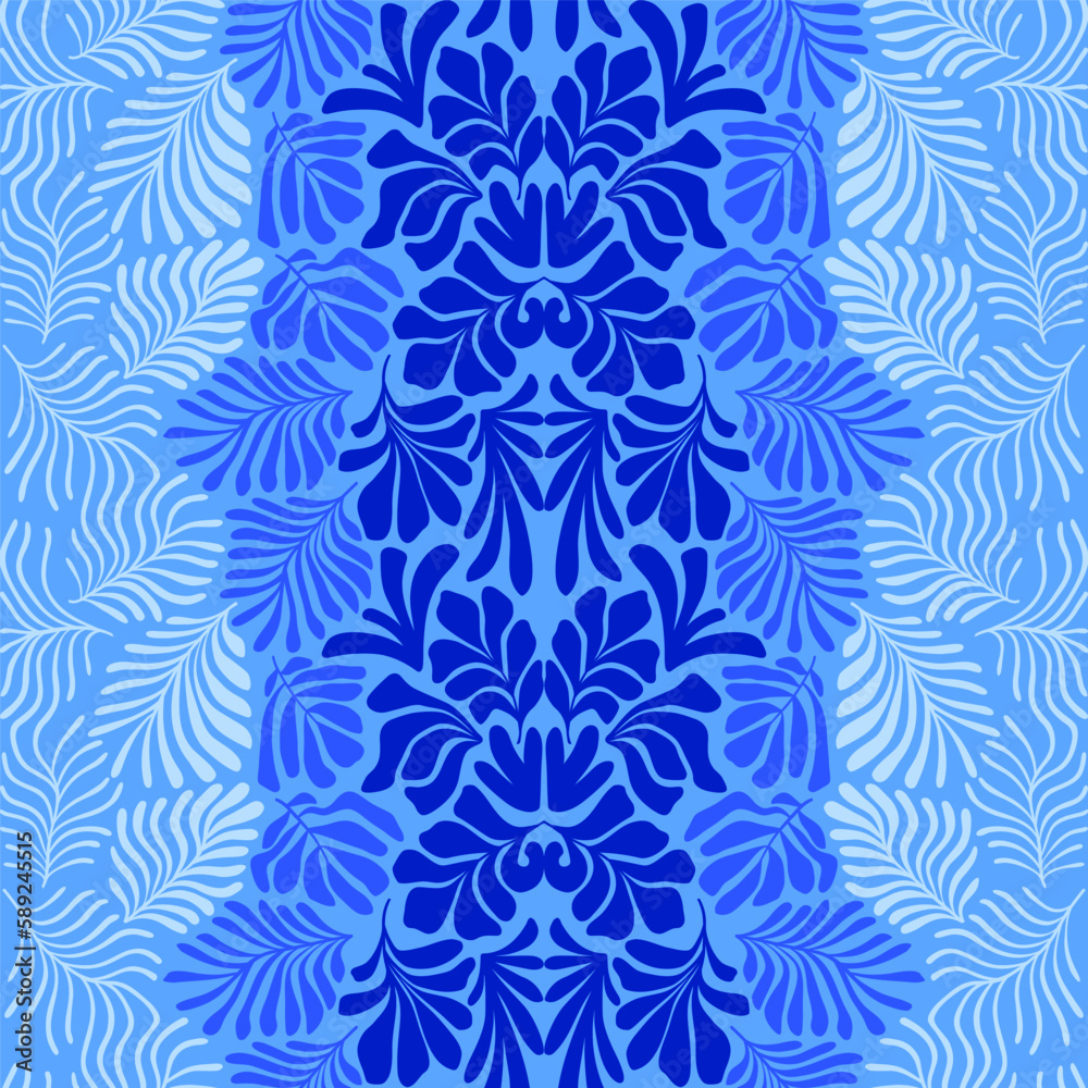 Blue gradient abstract background with tropical palm leaves in Matisse style. Vector seamless pattern with Scandinavian cut out elements.