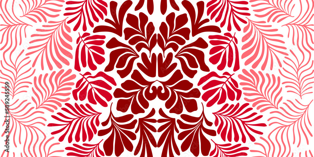 Red white abstract background with tropical palm leaves in Matisse style. Vector seamless pattern with Scandinavian cut out elements. - obrazy, fototapety, plakaty 