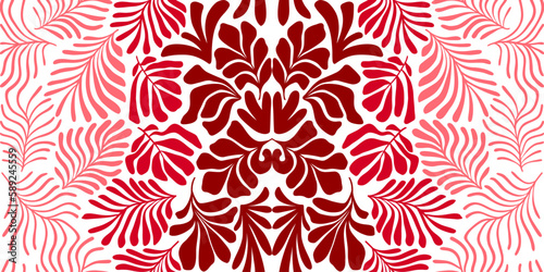 Red white abstract background with tropical palm leaves in Matisse style. Vector seamless pattern with Scandinavian cut out elements.