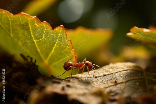 Macro Shot of Ant Carrying Leaf in Forest Habitat on Summer Day. Generative AI © photobuay