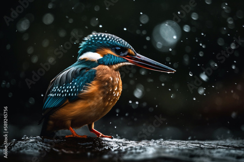 the beauty of nature as a kingfisher catches a fish in cinematic lighting, Generative AI © photobuay