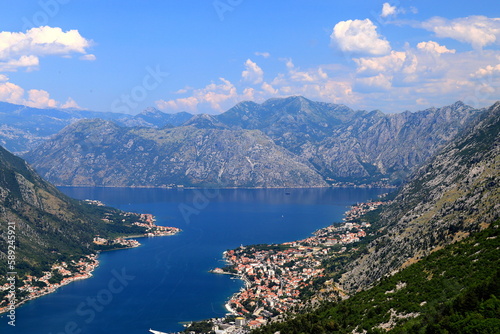 high mountains in Montenegro. Beautiful Kotor Bay, old city Kotor in summer. Full top view boka kotorska, Montenegro © rospoint