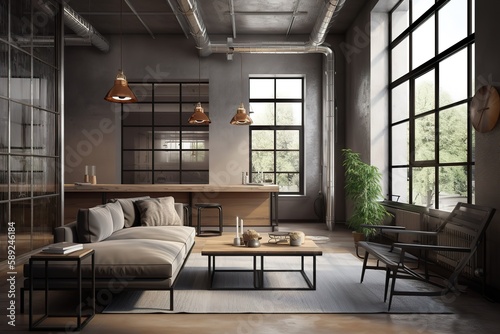 High ceiling loft living room 3d render. There are white brick wall polished concrete floor and black steel structure There are large windows look out to see the nature  Generative AI