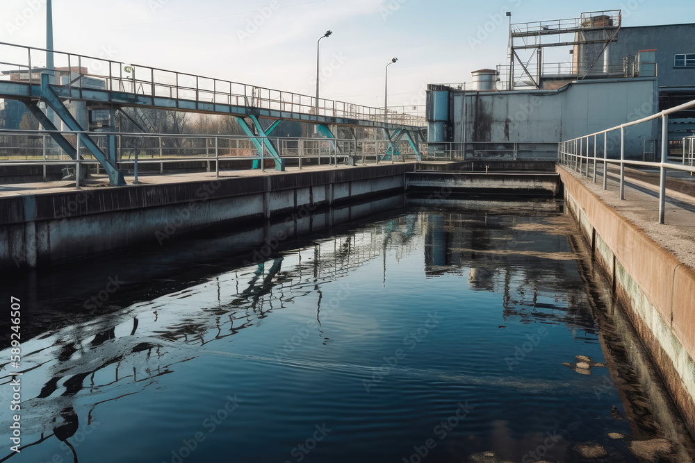 Modern urban waste water treatment plant. Generative ai.