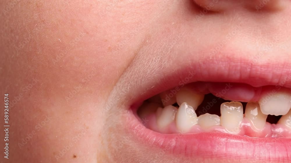 Close up unrecognizable little child toothless mouth showing teeth and