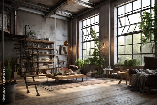 Living room loft in industrial style | living room and decorating ideas with modern mid county furniture | Minimalist industrial loft conversion living room , Generative AI