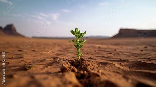 Solitary green sprout growing out of the desert soil with desert mountains in the background