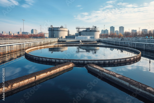 Modern urban waste water treatment plant. Generative ai. photo