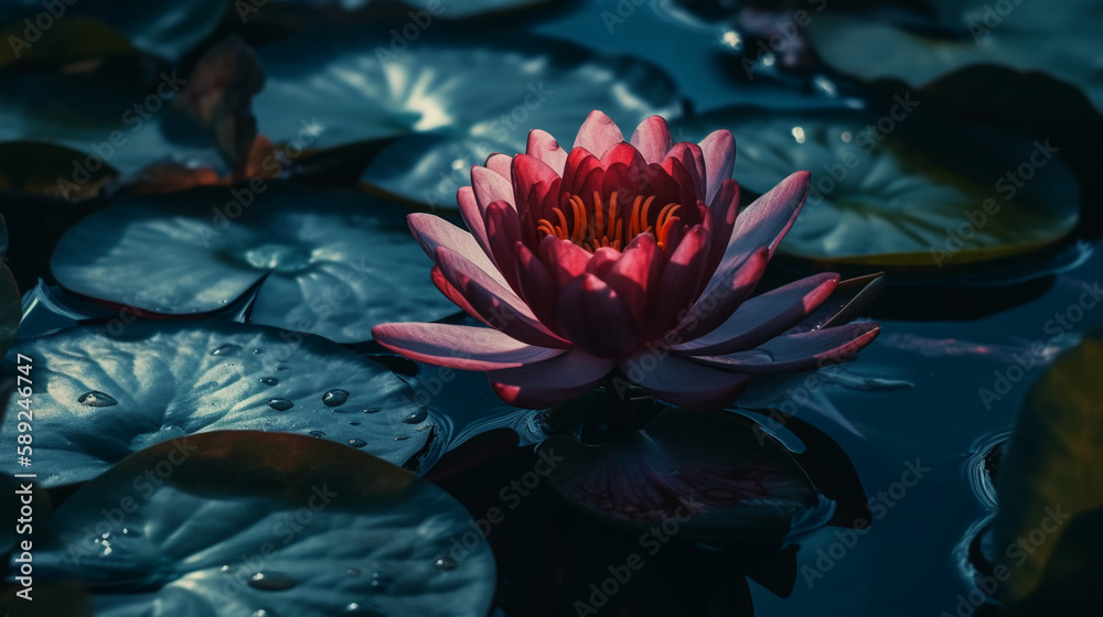 Top view. Red lotus water lily blooms on the surface of the water. Generative AI