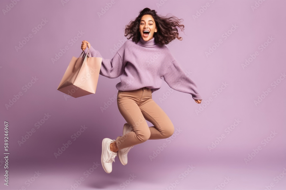 Woman jumping in air after shopping on plain pastel light purple background. Generative ai.