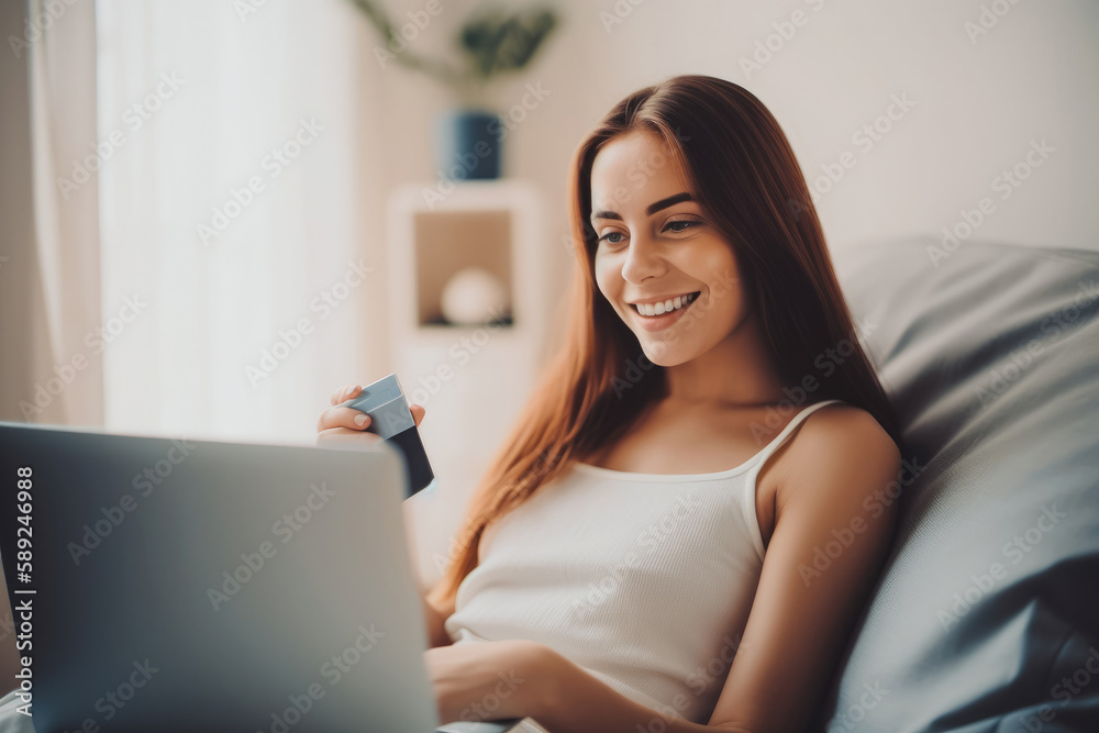 Happy woman with credit card doing online shopping on laptop at home . Generative ai. Happy woman with credit card doing online shopping on laptop at home . Generative ai.